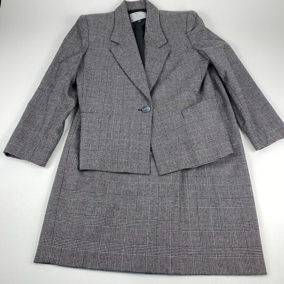 La Suit Petite Skirt Set Womens Sz 12 Black Red Plaid Wool Blend 80s VTG 2pc - Picture 1 of 15